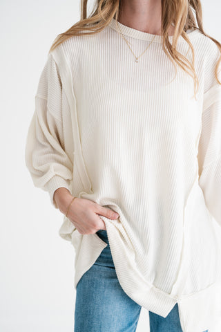 Northern Ribbed Oversized Long Sleeve Top - Off White