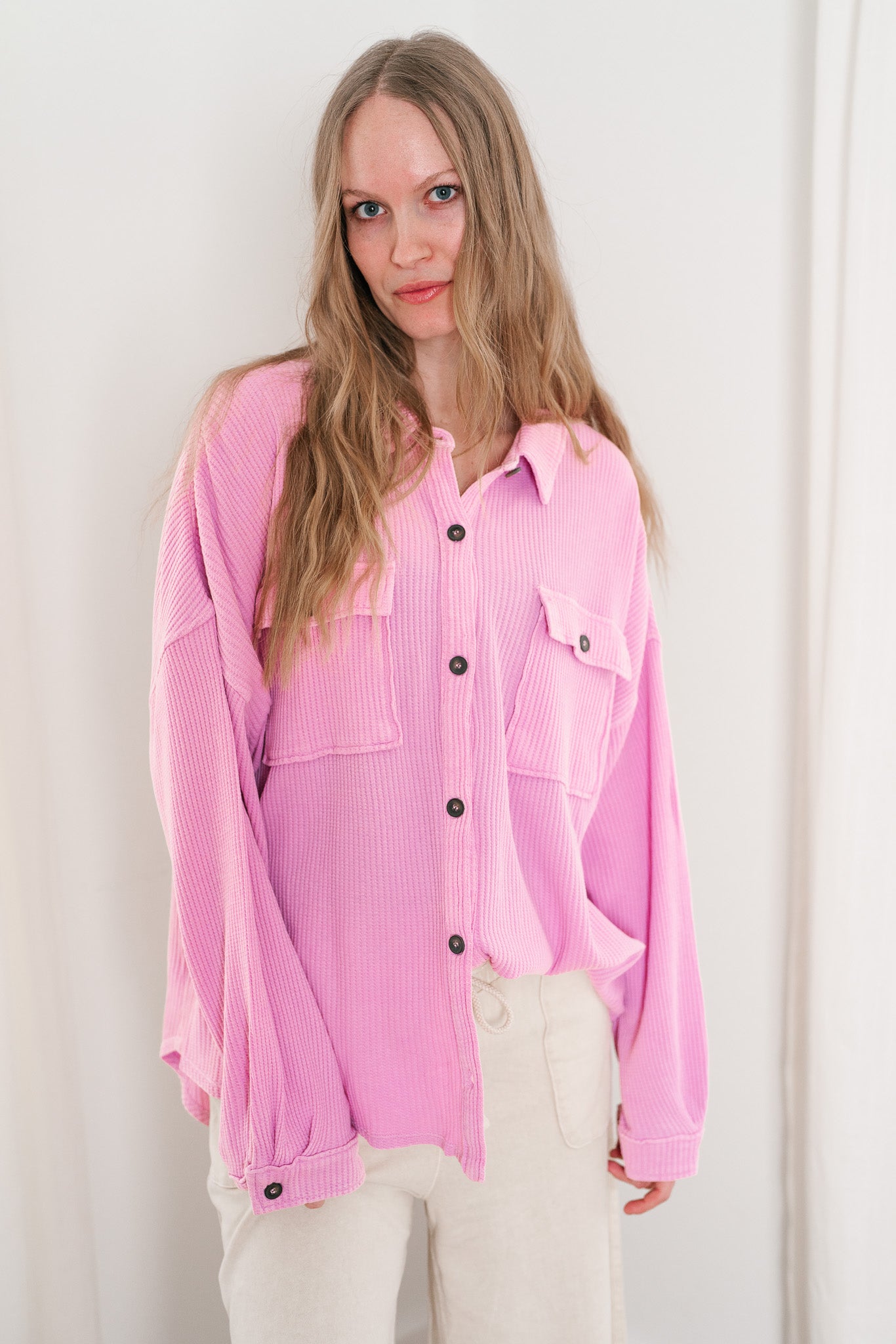 With Love Waffle Knit Button Up - Rose Pink