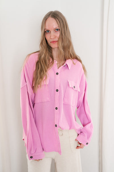 With Love Waffle Knit Button Up - Rose Pink