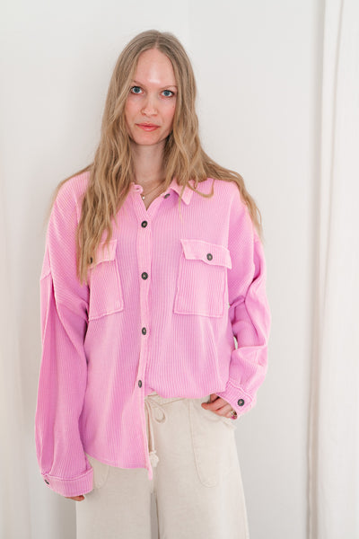 With Love Waffle Knit Button Up - Rose Pink