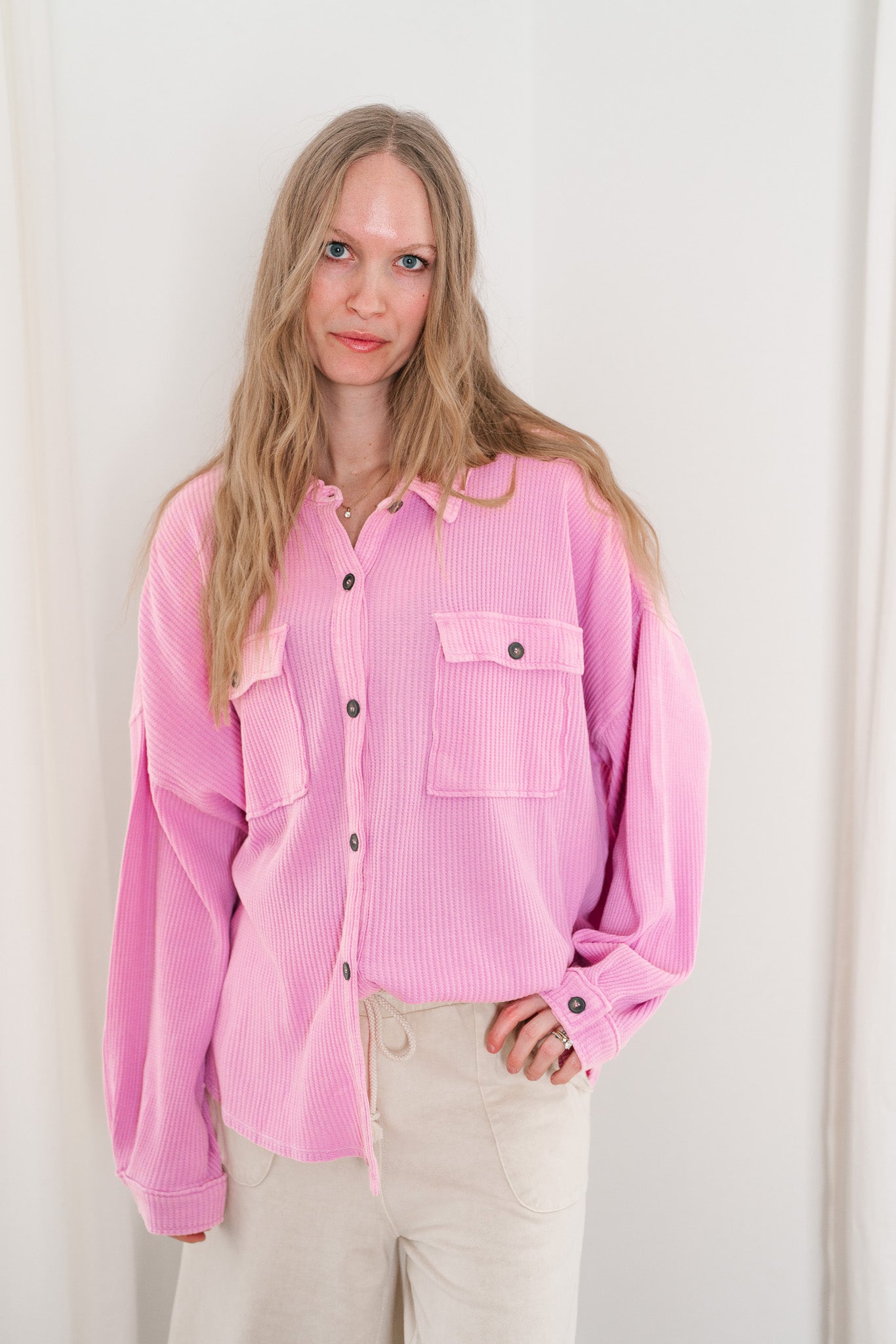 With Love Waffle Knit Button Up - Rose Pink