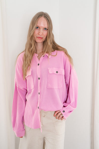 With Love Waffle Knit Button Up - Rose Pink