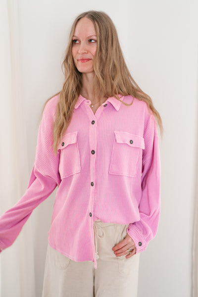 With Love Waffle Knit Button Up - Rose Pink