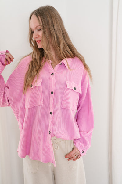 With Love Waffle Knit Button Up - Rose Pink