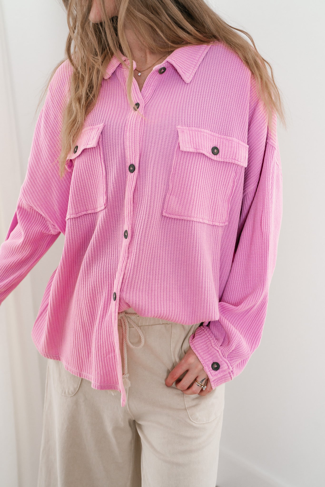 With Love Waffle Knit Button Up - Rose Pink