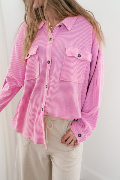 With Love Waffle Knit Button Up - Rose Pink