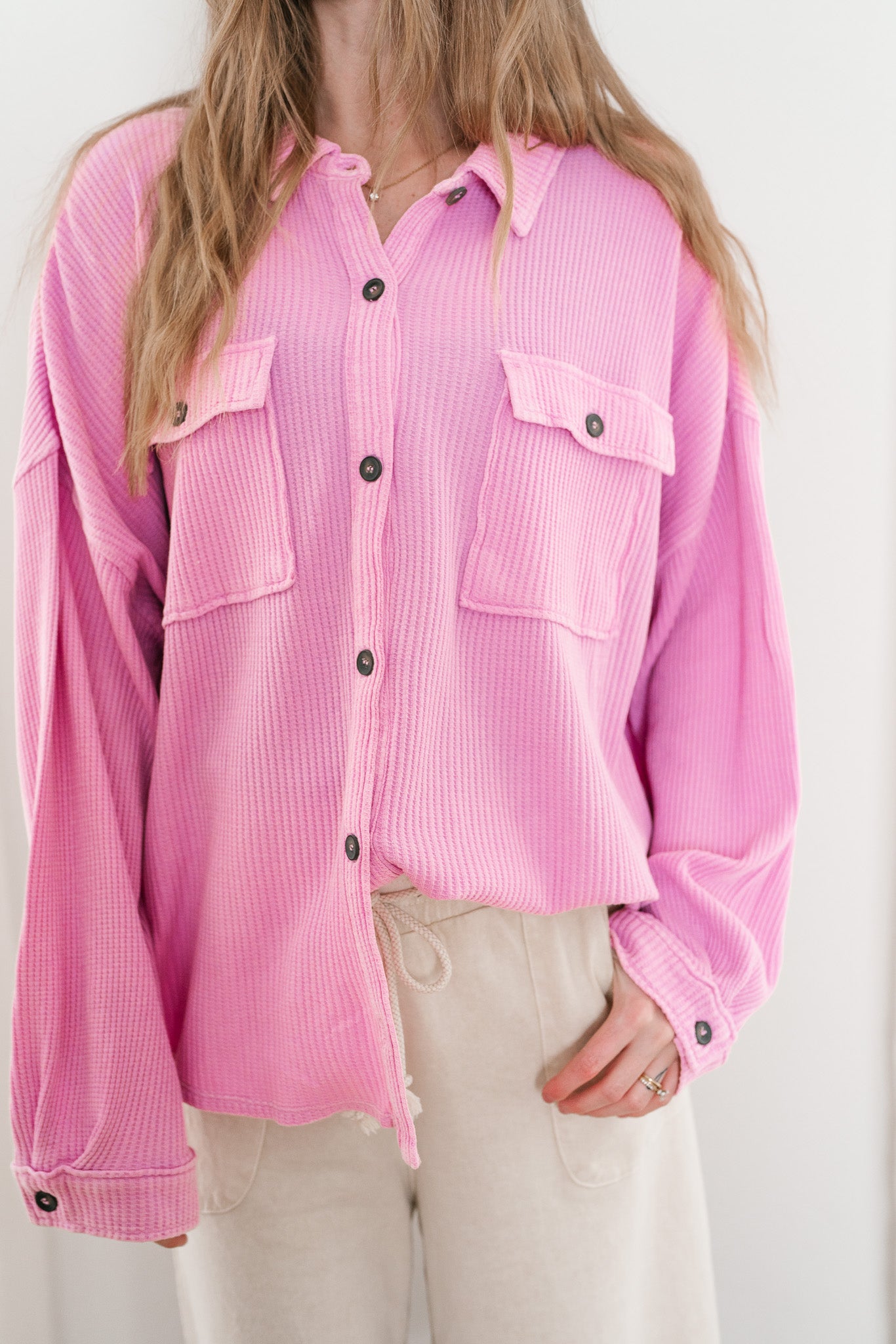 With Love Waffle Knit Button Up - Rose Pink