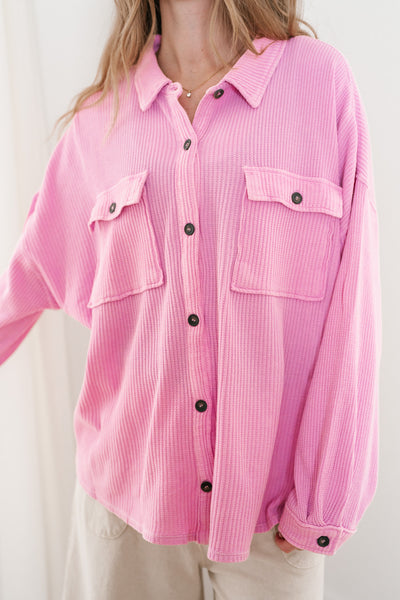 With Love Waffle Knit Button Up - Rose Pink