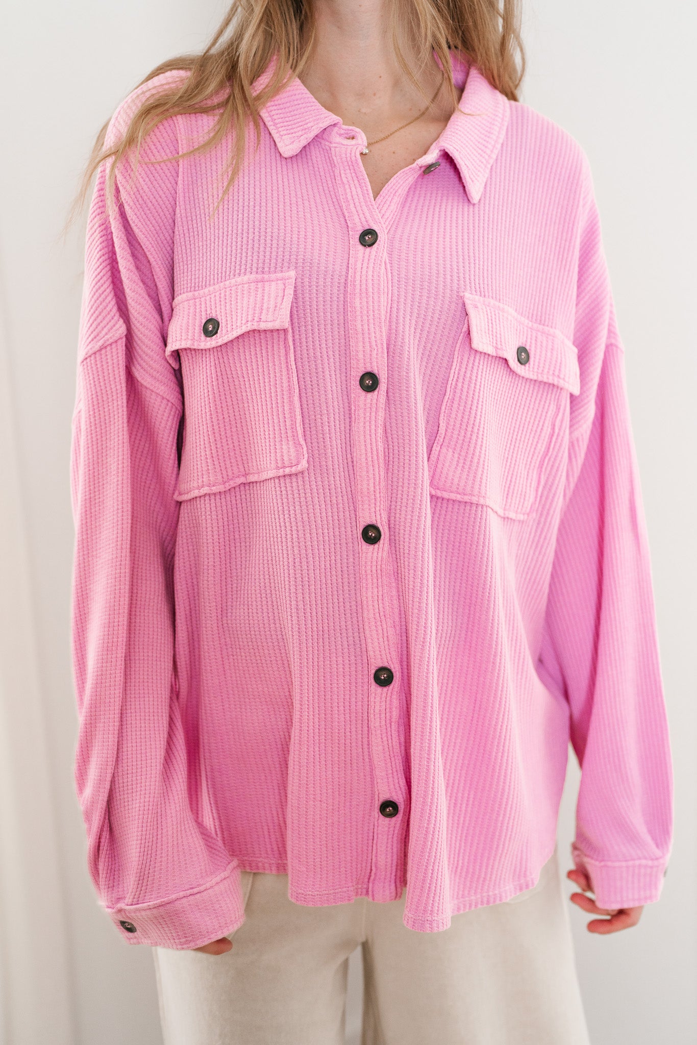 With Love Waffle Knit Button Up - Rose Pink