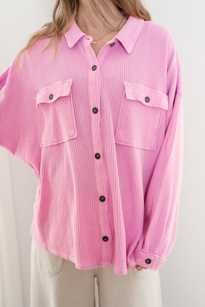 With Love Waffle Knit Button Up - Rose Pink