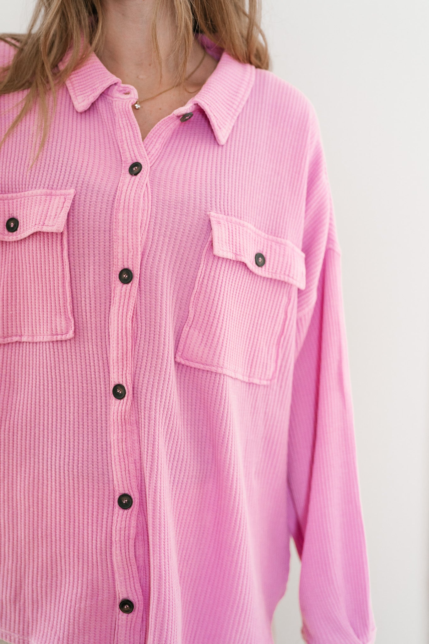 With Love Waffle Knit Button Up - Rose Pink