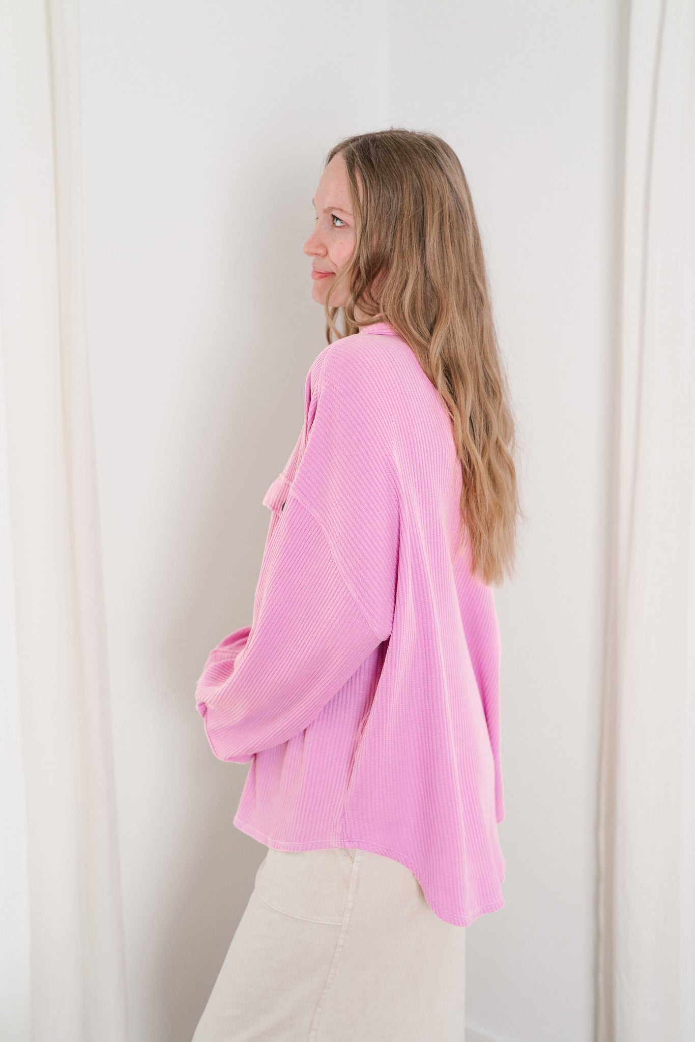 With Love Waffle Knit Button Up - Rose Pink