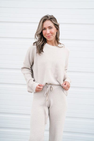 Comfy Girl Era Waffle Knit Sweater - Warm Gray
