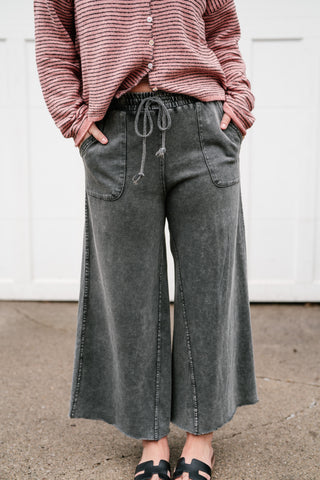 Can't Be Matched Mineral Wash Wide Leg Pants - Faded Black