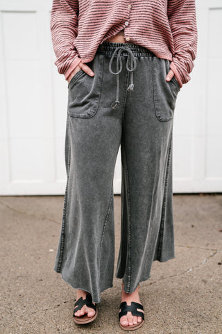 Can't Be Matched Mineral Wash Wide Leg Pants - Faded Black
