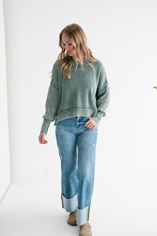 Winter Moss Ribbed Knit Cozy Sweater