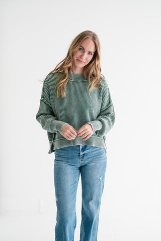 Winter Moss Ribbed Knit Cozy Sweater
