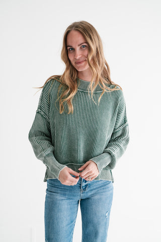 Winter Moss Ribbed Knit Cozy Sweater