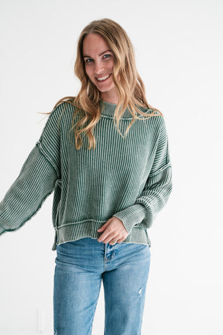 Winter Moss Ribbed Knit Cozy Sweater
