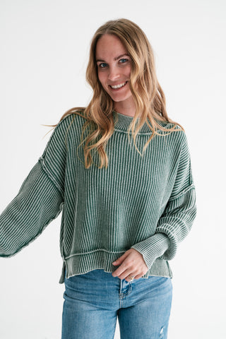 Winter Moss Ribbed Knit Cozy Sweater