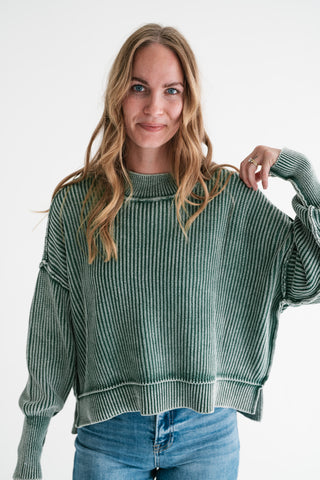 Winter Moss Ribbed Knit Cozy Sweater
