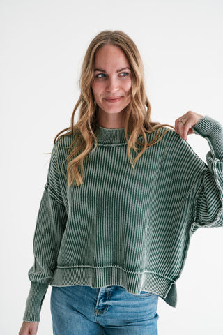 Winter Moss Ribbed Knit Cozy Sweater