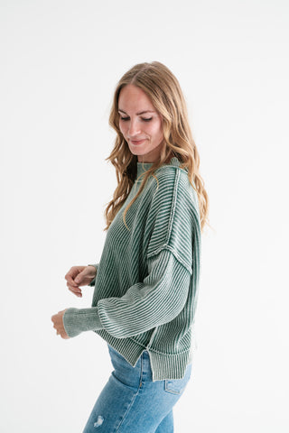 Winter Moss Ribbed Knit Cozy Sweater