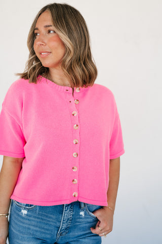 Sweet Pink Button Up Knit Cardigan - Bright Pink