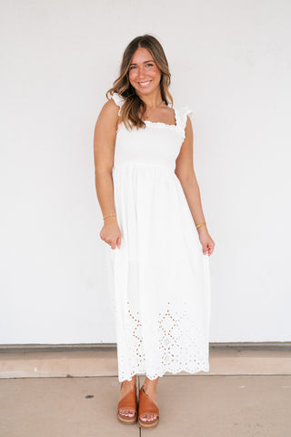 Rosemere Smocked Ruffle Sleeve Midi Dress