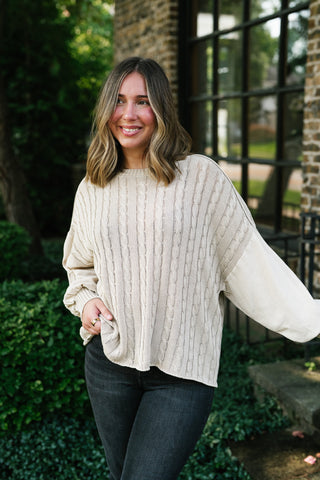 Going Somewhere Cable Knit Long Sleeve Sweater - Khaki