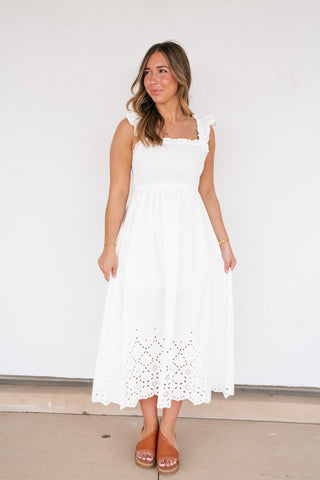 Rosemere Smocked Ruffle Sleeve Midi Dress