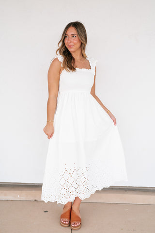 Rosemere Smocked Ruffle Sleeve Midi Dress