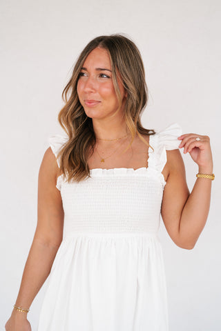 Rosemere Smocked Ruffle Sleeve Midi Dress