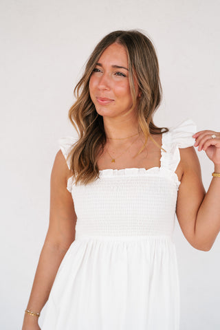 Rosemere Smocked Ruffle Sleeve Midi Dress