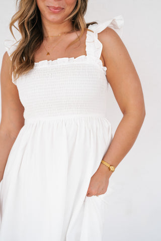 Rosemere Smocked Ruffle Sleeve Midi Dress