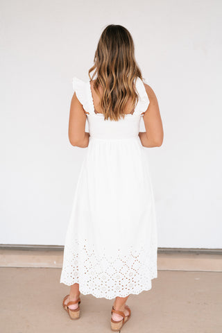 Rosemere Smocked Ruffle Sleeve Midi Dress