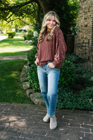 Going Somewhere Cable Knit Long Sleeve Sweater - Brown