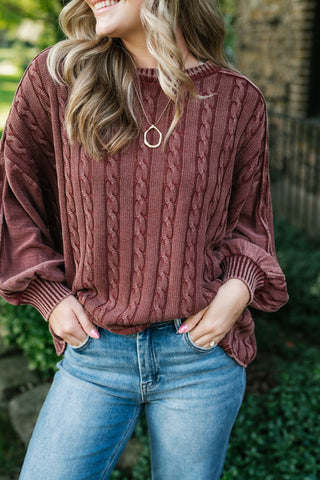 Going Somewhere Cable Knit Long Sleeve Sweater - Brown