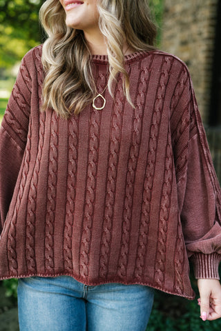 Going Somewhere Cable Knit Long Sleeve Sweater - Brown
