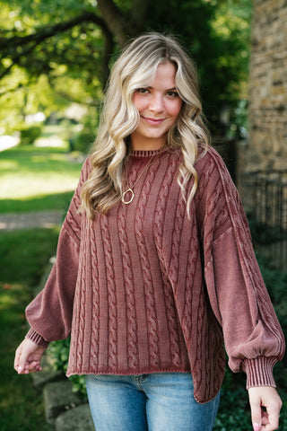 Going Somewhere Cable Knit Long Sleeve Sweater - Brown