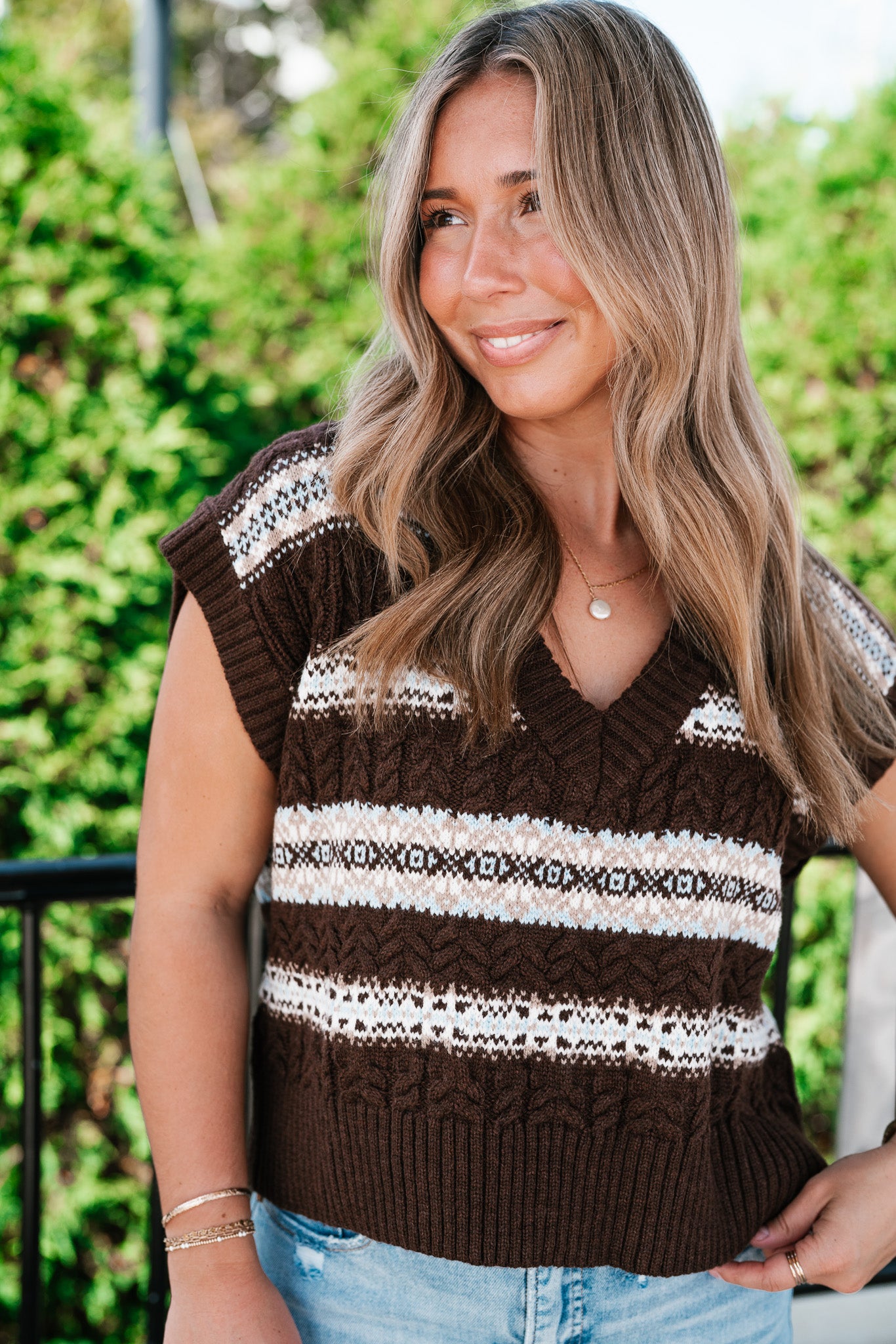 Fair Isle Knit Sweater Vest - Mocha
