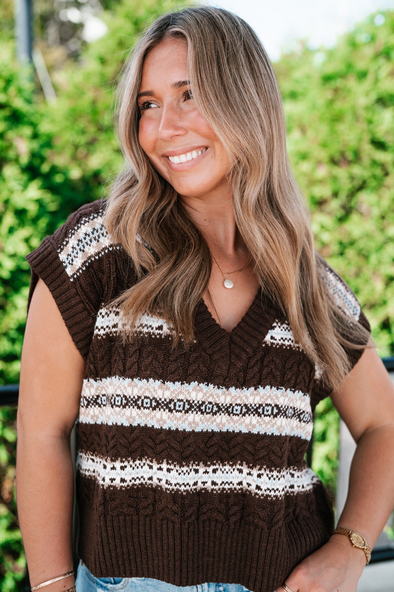 Fair Isle Knit Sweater Vest - Mocha