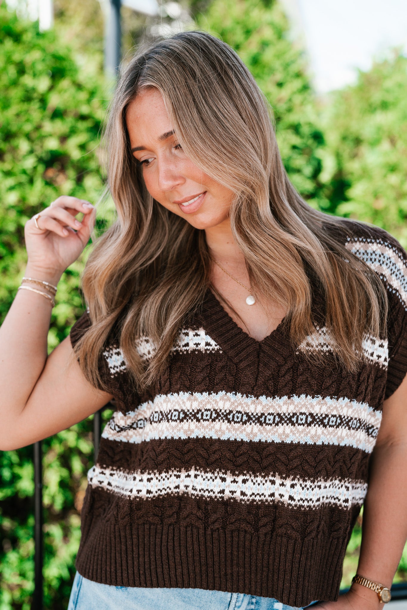 Fair Isle Knit Sweater Vest - Mocha