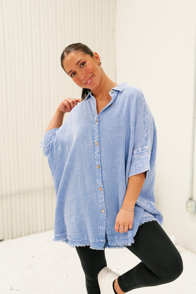 Just The One Gauze Button Up Tunic- Pearl Blue