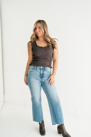 Night Sky Ribbed Ruffle Henley Tank Top