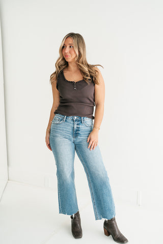 Night Sky Ribbed Ruffle Henley Tank Top