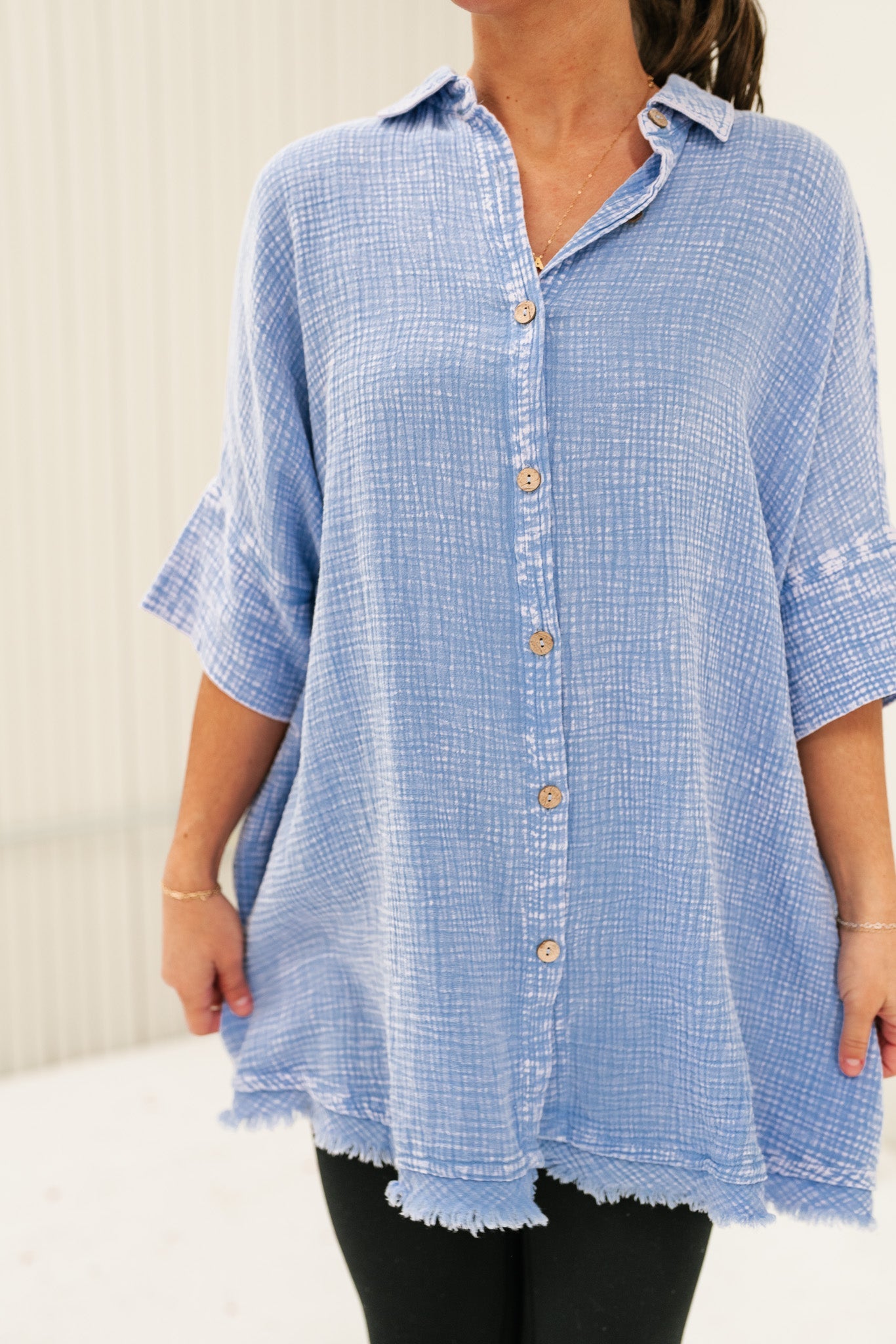 Just The One Gauze Button Up Tunic- Pearl Blue