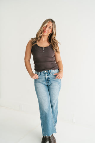 Night Sky Ribbed Ruffle Henley Tank Top