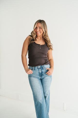 Night Sky Ribbed Ruffle Henley Tank Top