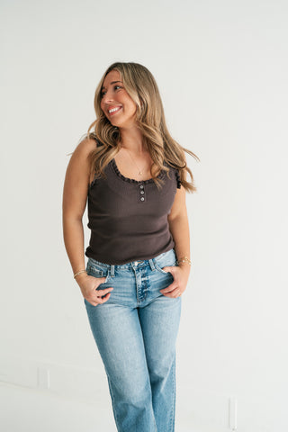 Night Sky Ribbed Ruffle Henley Tank Top